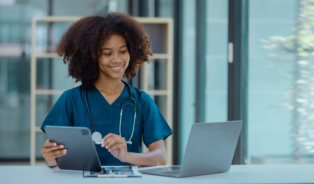 Female clinician doing documentation and coding 