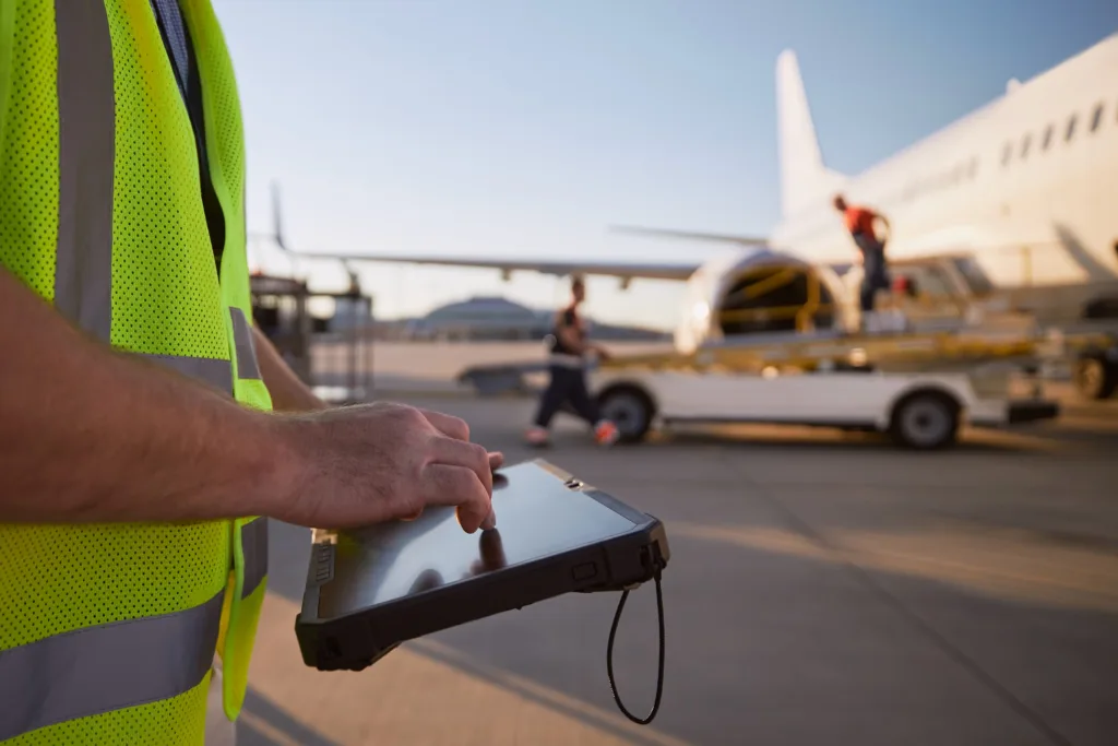 Aerospace maintenance worker on a digital tablet