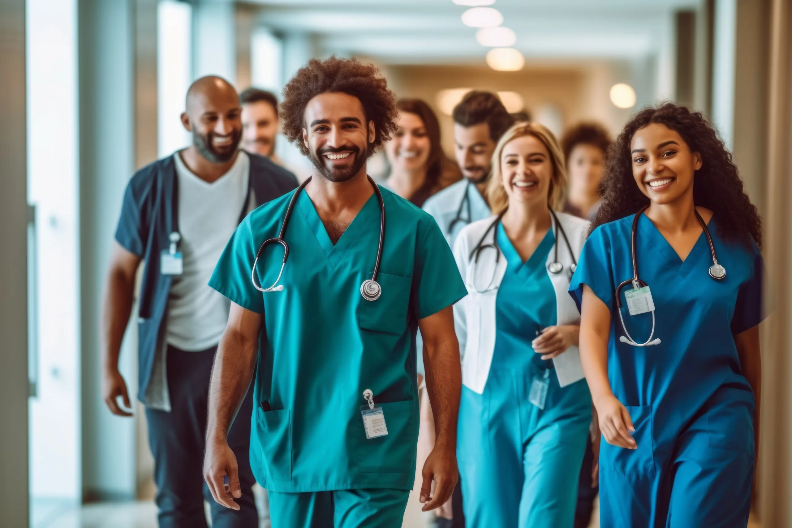 Group of doctors walking down hallway in the hospital smiling