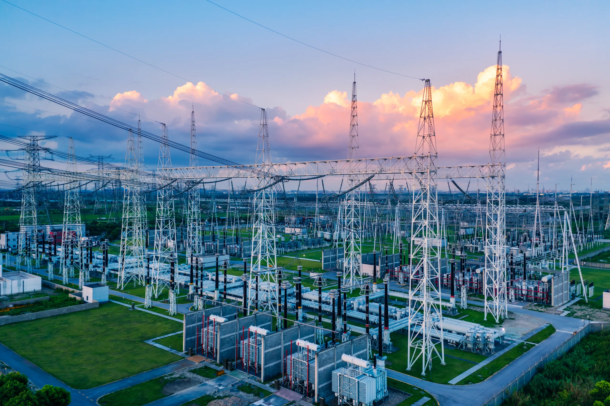 Aerial view of a high voltage substation