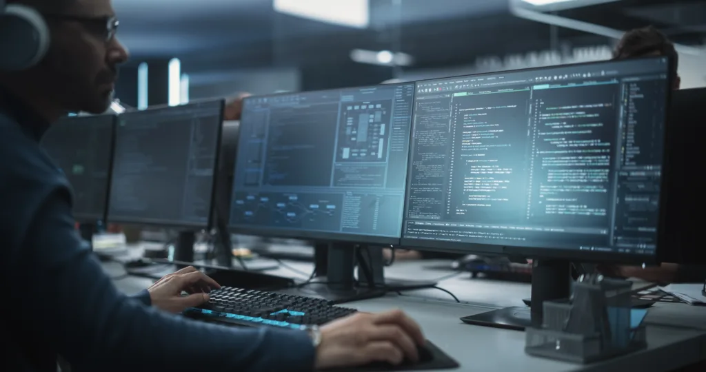 Software Developer Working on a Desktop Computer