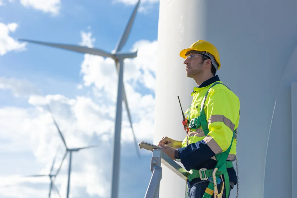 Male engineer in a Wind Turbines looking forward for the future of clean energy concept
