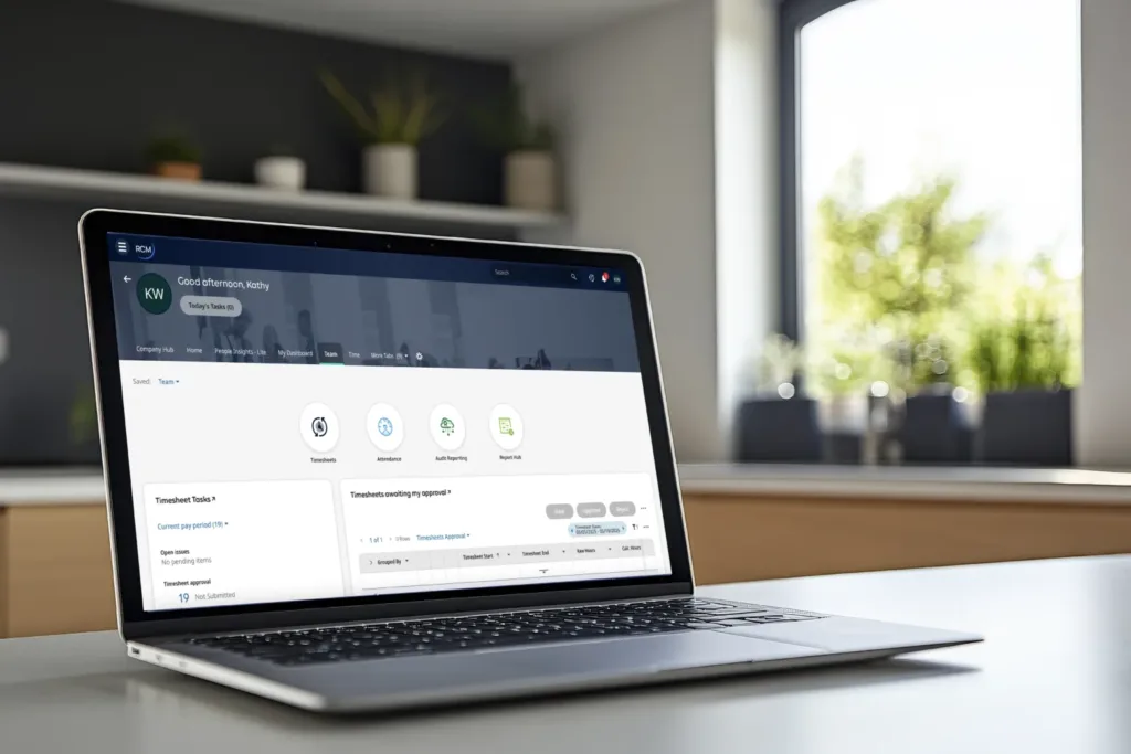 Laptop at a desk showing UKG dashboard