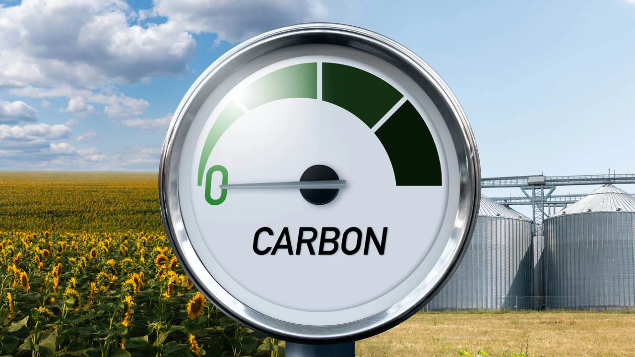 carbon intensity score meter in front of an ethanol corn field