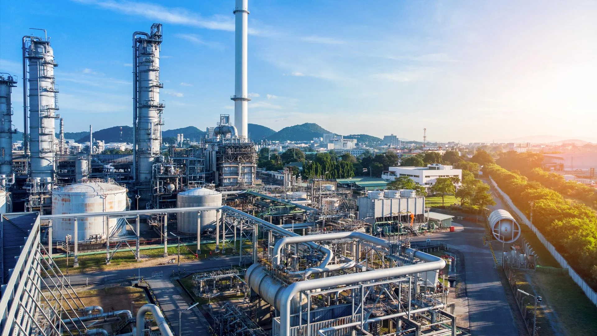 aerial view of an ethanol plant at sunrise